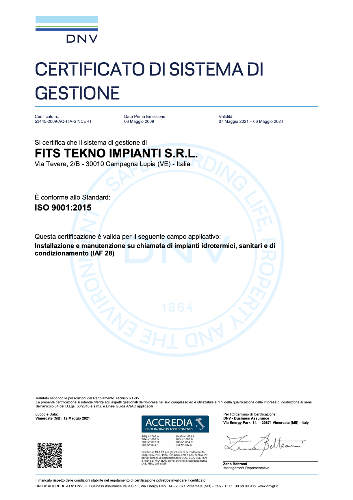 Certificazione di sistema qualità DNV - GL ISO 9001